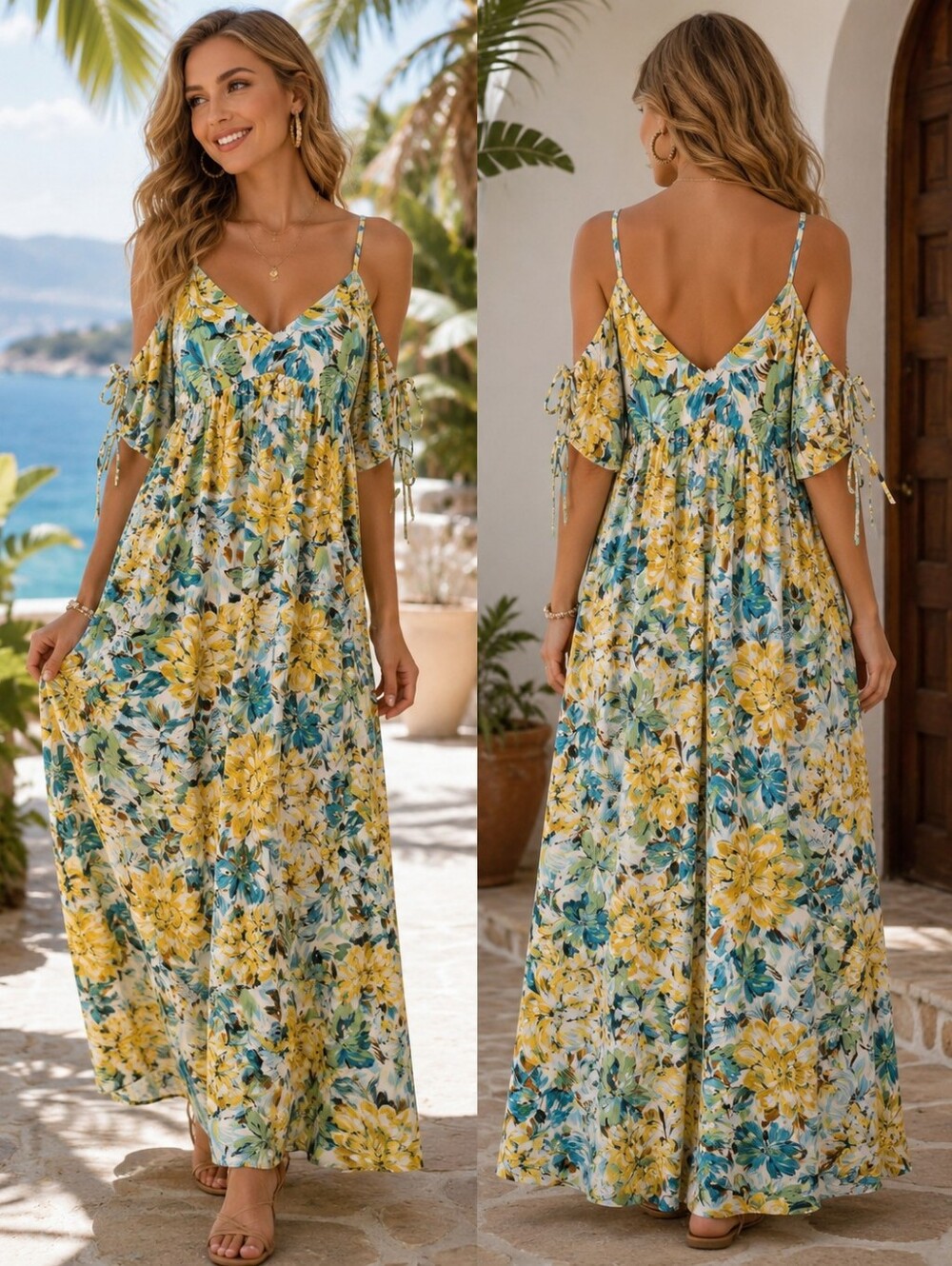 A-140 NWT Inmod Los Angeles Floral Cold Shoulder Maxi Dress Size L